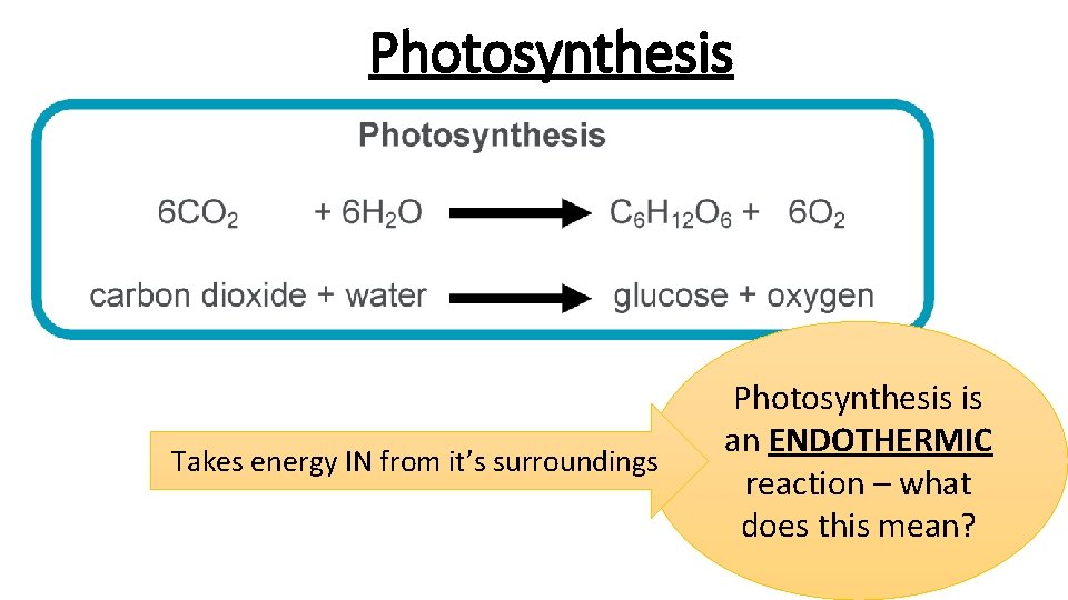 Photosynthesis Takes energy IN from it’s surroundings Photosynthesis is an ENDOTHERMIC reaction – what