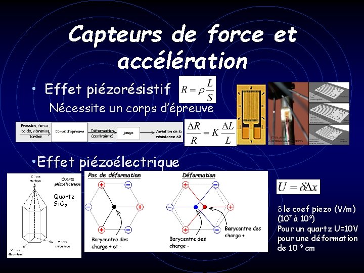 Capteurs de force et accélération • Effet piézorésistif Nécessite un corps d’épreuve • Effet