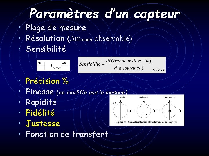 Paramètres d’un capteur • Plage de mesure • Résolution ( mesure observable) • Sensibilité