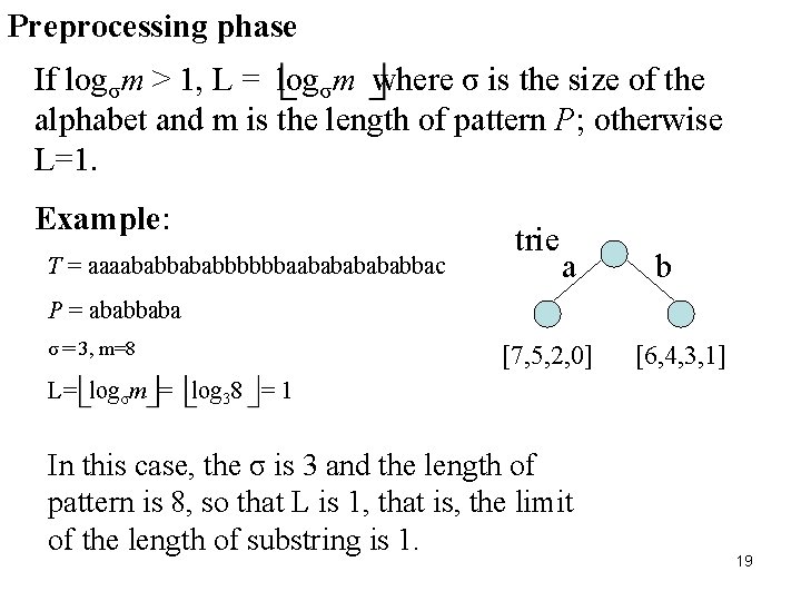 Preprocessing phase If logσm > 1, L = logσm where σ is the size