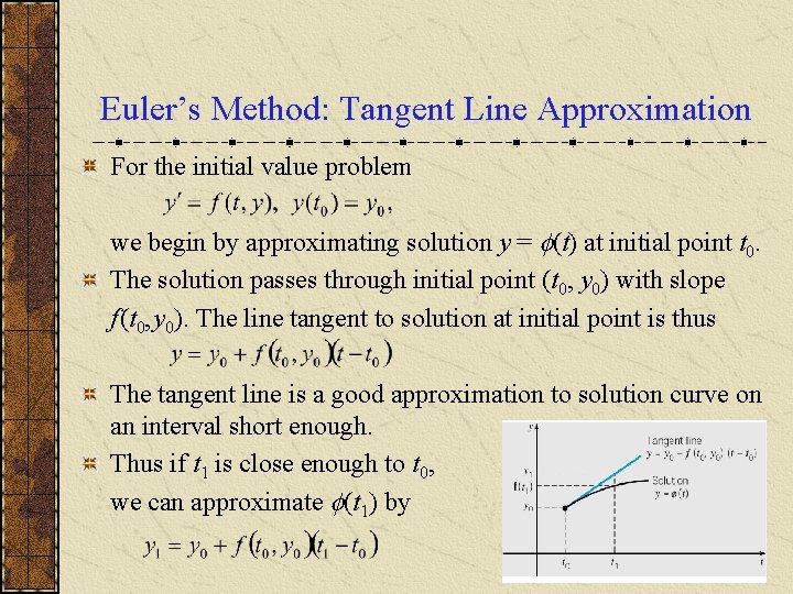 Euler’s Method: Tangent Line Approximation For the initial value problem we begin by approximating