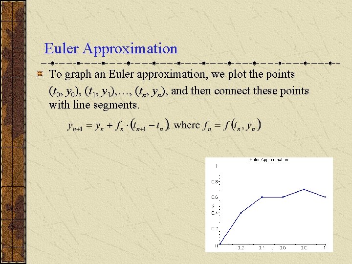 Euler Approximation To graph an Euler approximation, we plot the points (t 0, y