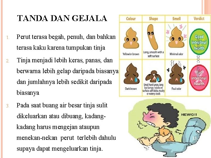 TANDA DAN GEJALA Perut terasa begah, penuh, dan bahkan terasa kaku karena tumpukan tinja