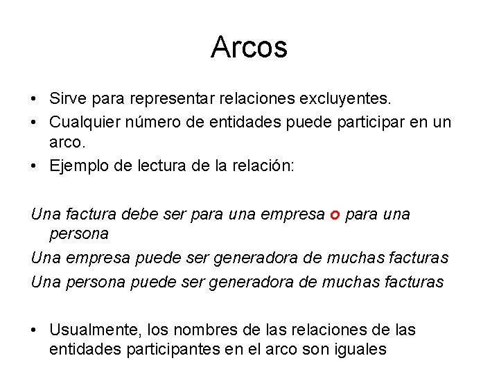 Arcos • Sirve para representar relaciones excluyentes. • Cualquier número de entidades puede participar