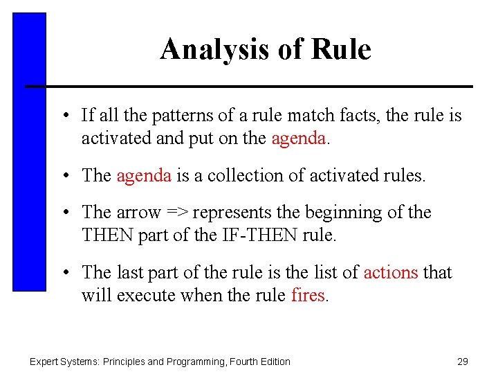 Analysis of Rule • If all the patterns of a rule match facts, the