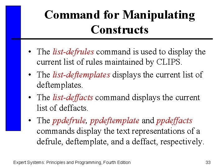 Command for Manipulating Constructs • The list-defrules command is used to display the current