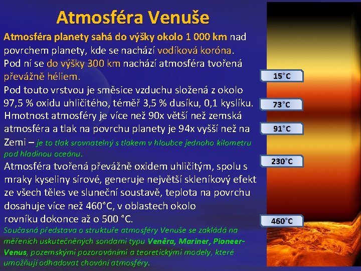 Atmosféra Venuše Atmosféra planety sahá do výšky okolo 1 000 km nad Atmosféra planety Atmosféra Venuše Atmosféra planety sahá do výšky okolo 1 000 km nad Atmosféra planety