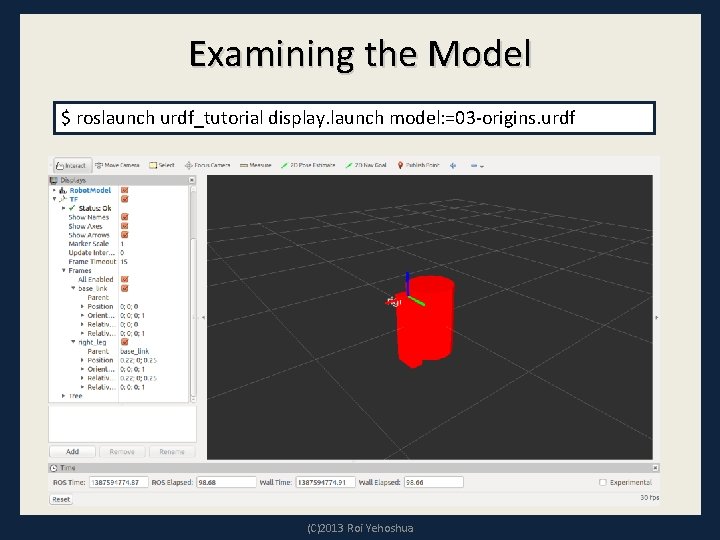 Examining the Model $ roslaunch urdf_tutorial display. launch model: =03 -origins. urdf (C)2013 Roi