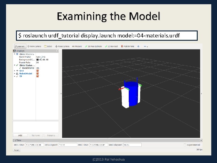 Examining the Model $ roslaunch urdf_tutorial display. launch model: =04 -materials. urdf (C)2013 Roi