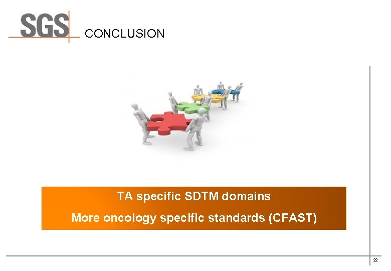 CONCLUSION TA specific SDTM domains More oncology specific standards (CFAST) 22 