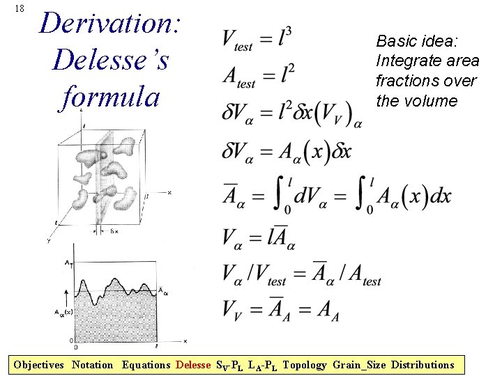 18 Derivation: Delesse’s formula Basic idea: Integrate area fractions over the volume Objectives Notation