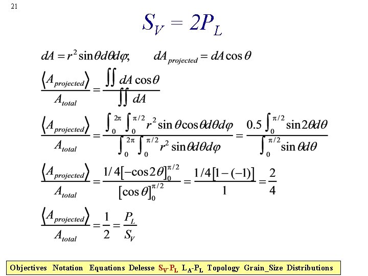 21 SV = 2 PL Objectives Notation Equations Delesse SV-PL LA-PL Topology Grain_Size Distributions