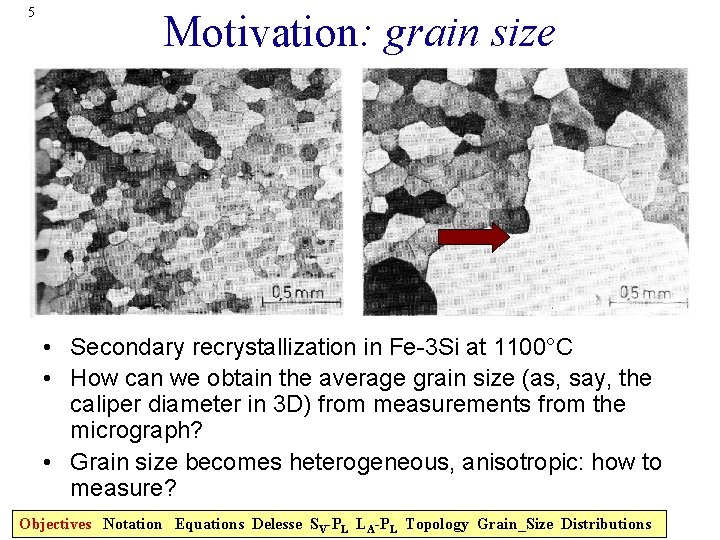 5 Motivation: grain size • Secondary recrystallization in Fe-3 Si at 1100°C • How