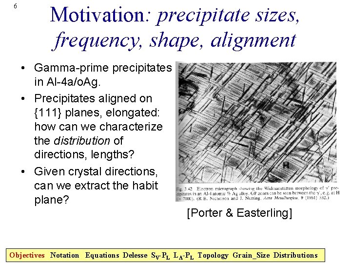 6 Motivation: precipitate sizes, frequency, shape, alignment • Gamma-prime precipitates in Al-4 a/o. Ag.