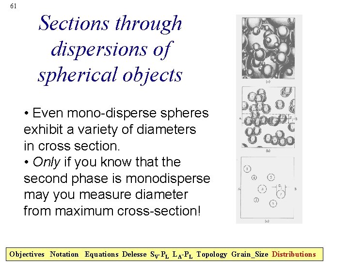 61 Sections through dispersions of spherical objects • Even mono-disperse spheres exhibit a variety