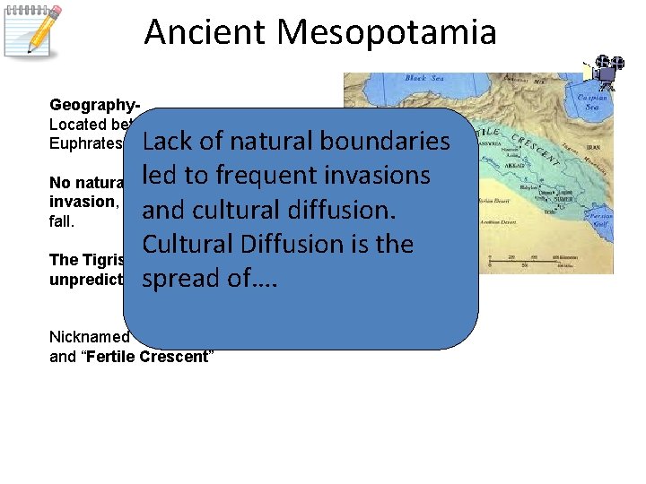 Ancient Mesopotamia Geography. Located between the Tigris and Euphrates Rivers Lack of natural boundaries
