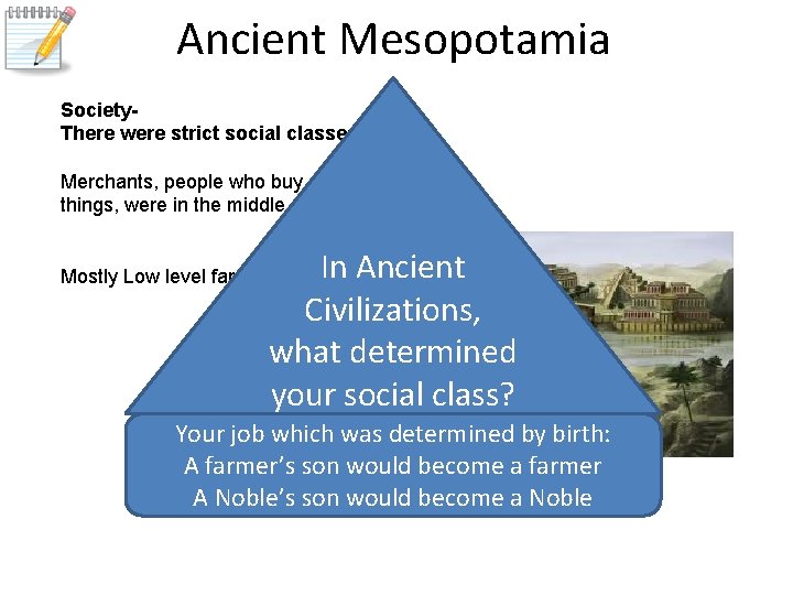 Ancient Mesopotamia Society. There were strict social classes Merchants, people who buy and sell