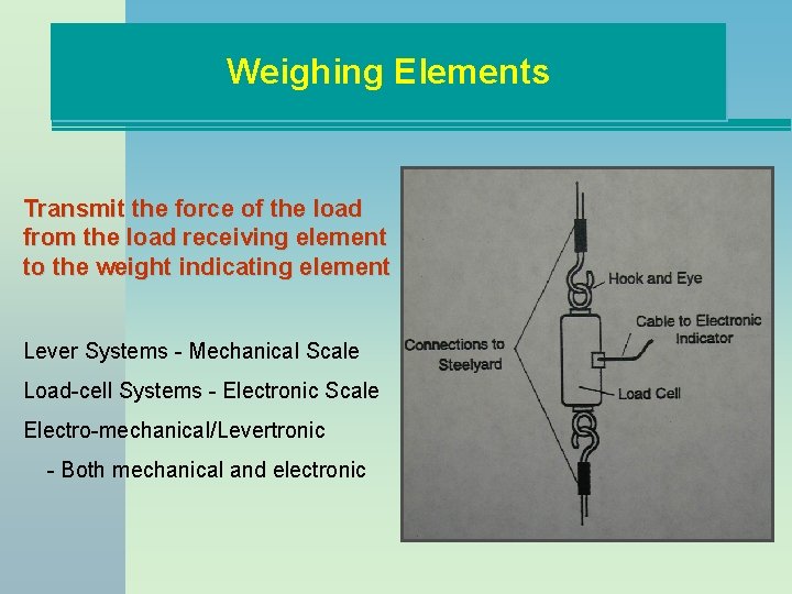 Weighing Elements Transmit the force of the load from the load receiving element to