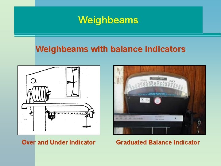 Weighbeams with balance indicators Over and Under Indicator Graduated Balance Indicator 