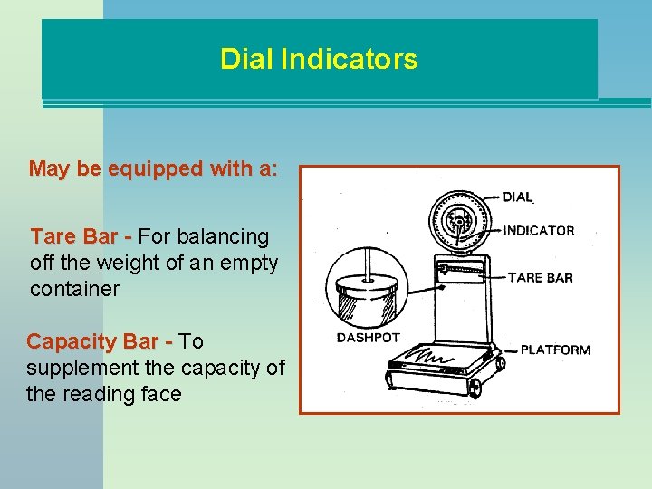 Dial Indicators May be equipped with a: Tare Bar - For balancing off the