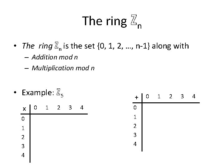 The ring ℤn • The ring ℤn is the set {0, 1, 2, …,