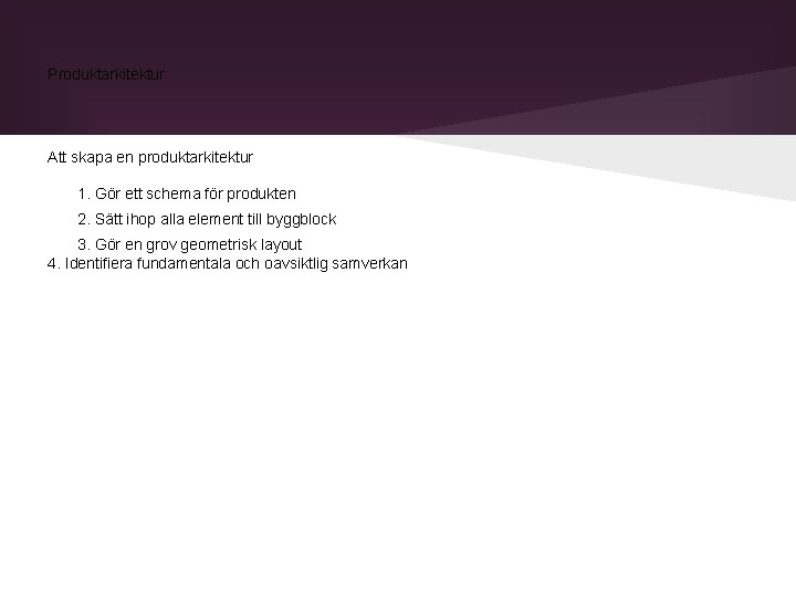 Produktarkitektur Att skapa en produktarkitektur 1. Gör ett schema för produkten 2. Sätt ihop Produktarkitektur Att skapa en produktarkitektur 1. Gör ett schema för produkten 2. Sätt ihop