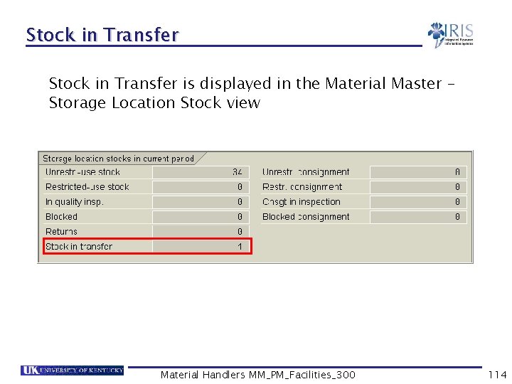 Stock in Transfer is displayed in the Material Master – Storage Location Stock view