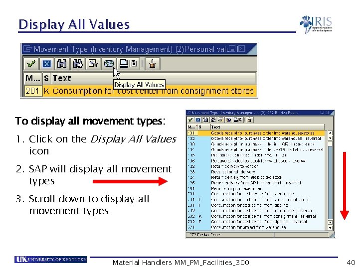 Display All Values To display all movement types: 1. Click on the Display All