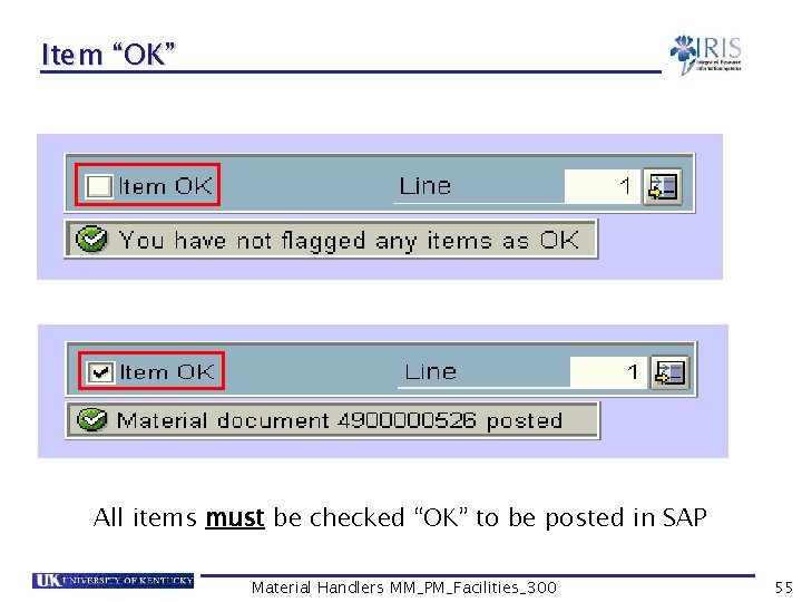Item “OK” All items must be checked “OK” to be posted in SAP Material