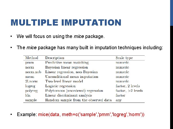 MULTIPLE IMPUTATION • We will focus on using the mice package. • The mice