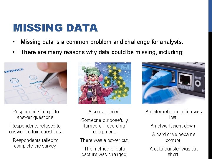 MISSING DATA • Missing data is a common problem and challenge for analysts. •