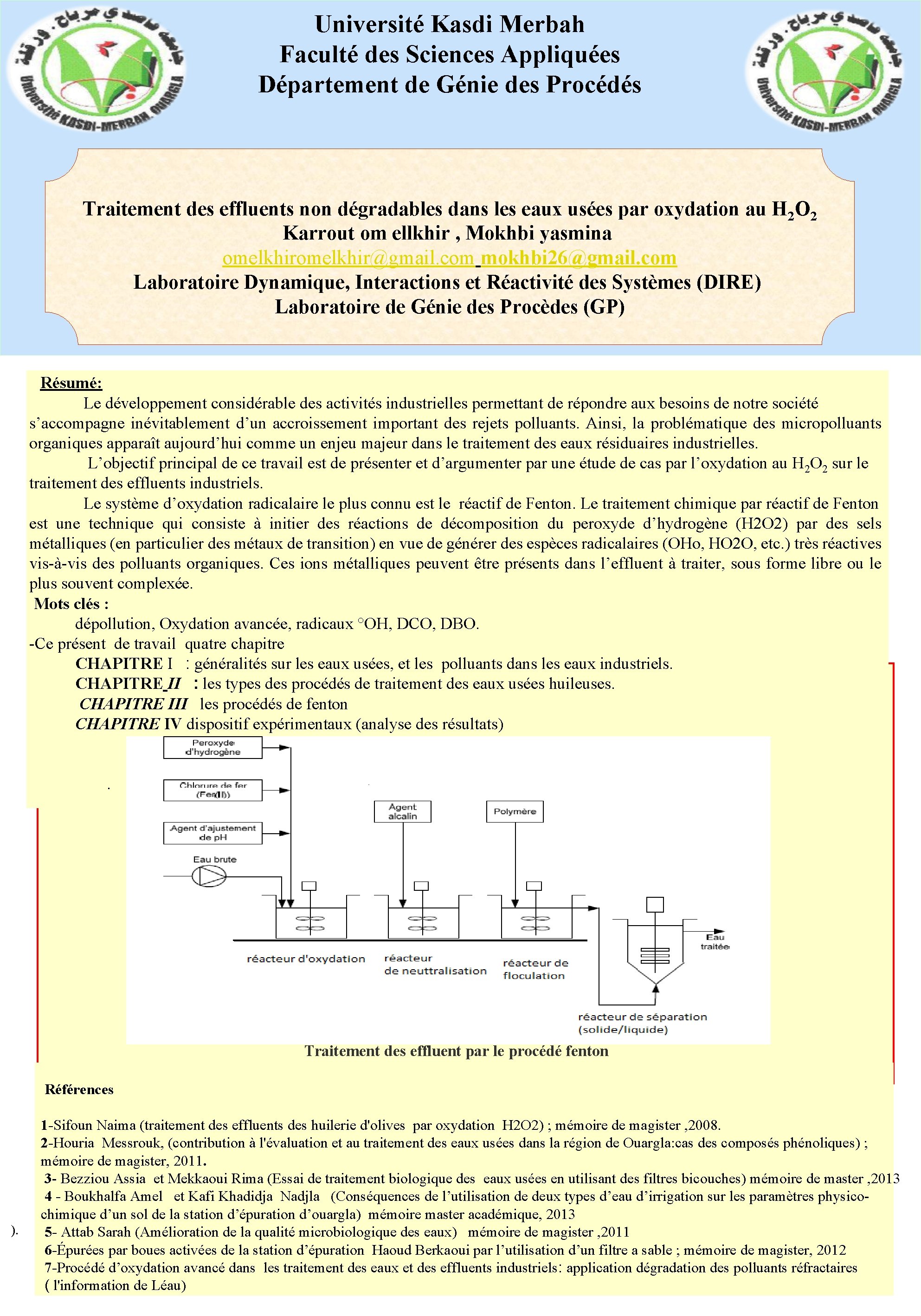  Université Kasdi Merbah Faculté des Sciences Appliquées Département de Génie des Procédés Traitement