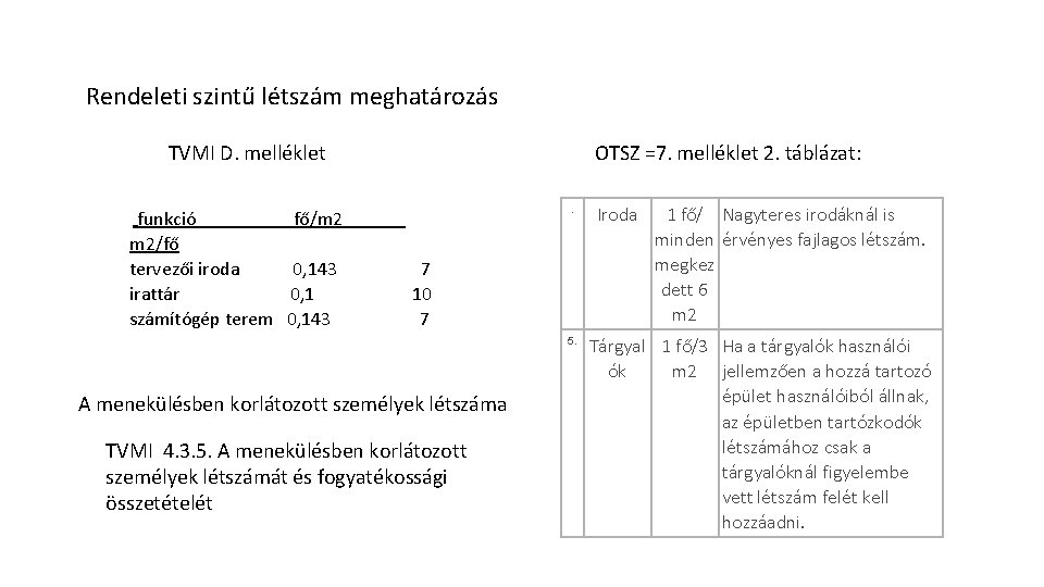 Rendeleti szintű létszám meghatározás TVMI D. melléklet funkció fő/m 2 OTSZ =7. melléklet 2.