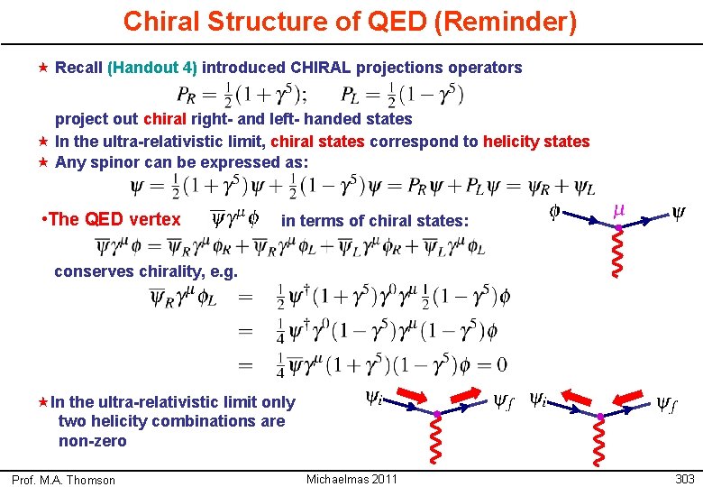 Chiral Structure of QED (Reminder) « Recall (Handout 4) introduced CHIRAL projections operators project
