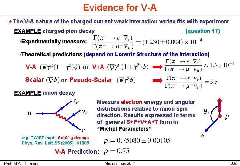 Evidence for V-A «The V-A nature of the charged current weak interaction vertex fits