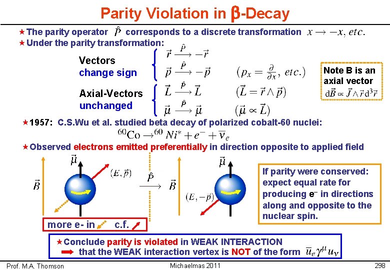 Parity Violation in b-Decay «The parity operator corresponds to a discrete transformation «Under the