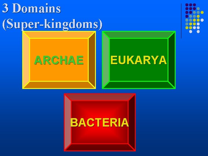 3 Domains (Super-kingdoms) ARCHAE EUKARYA BACTERIA 