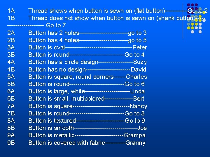 1 A Thread shows when button is sewn on (flat button)------Go to 2 1