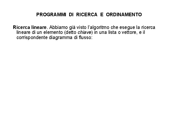 PROGRAMMI DI RICERCA E ORDINAMENTO Ricerca lineare. Abbiamo già visto l’algoritmo che esegue la