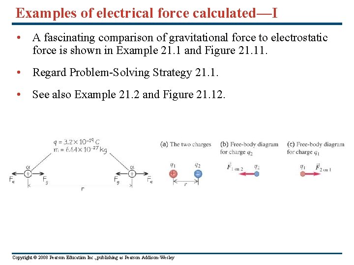 Examples of electrical force calculated—I • A fascinating comparison of gravitational force to electrostatic