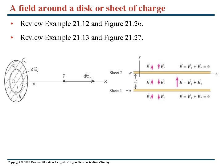 A field around a disk or sheet of charge • Review Example 21. 12