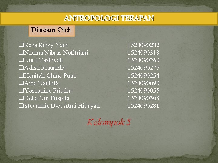 ANTROPOLOGI TERAPAN Disusun Oleh q. Reza Rizky Yani q. Nisrina Nibras Nofitriani q. Nuril