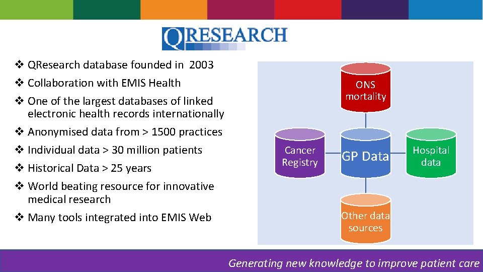 v QResearch database founded in 2003 v Collaboration with EMIS Health v One of