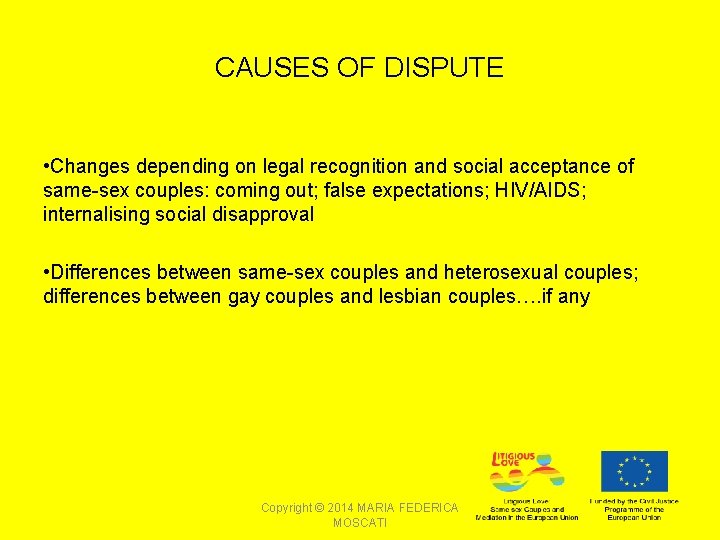 CAUSES OF DISPUTE • Changes depending on legal recognition and social acceptance of same-sex