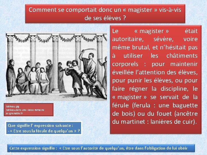 Comment se comportait donc un « magister » vis-à-vis de ses élèves ? tableau.