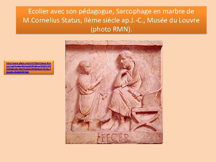 Ecolier avec son pédagogue, Sarcophage en marbre de M. Cornelius Status, IIème siècle ap.