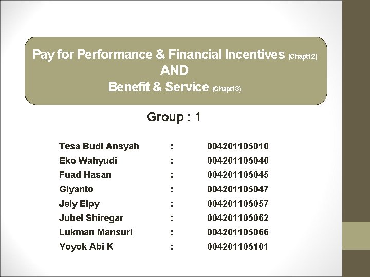 Pay for Performance & Financial Incentives (Chapt 12) AND Benefit & Service (Chapt 13)