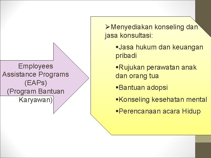 ØMenyediakan konseling dan jasa konsultasi: §Jasa hukum dan keuangan pribadi Employees Assistance Programs (EAPs)