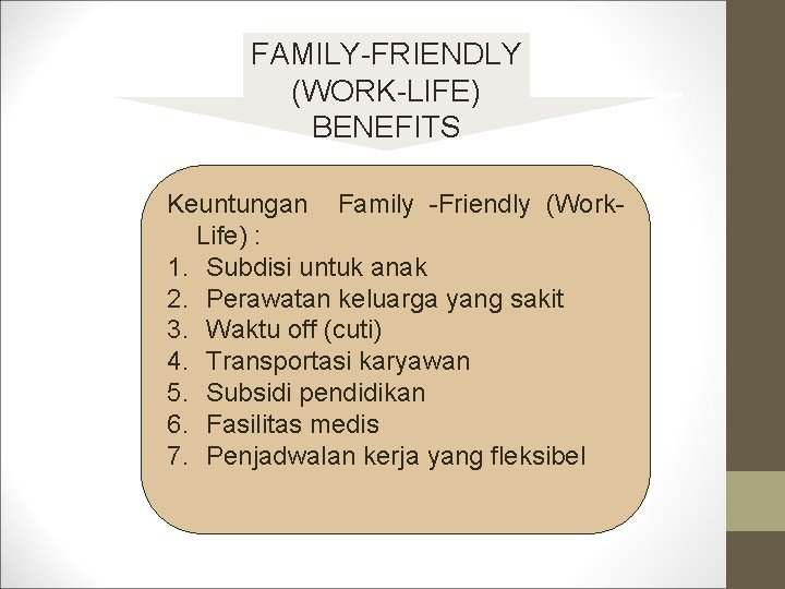 FAMILY-FRIENDLY (WORK-LIFE) BENEFITS Keuntungan Family -Friendly (Work. Life) : 1. Subdisi untuk anak 2.