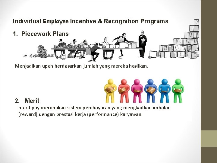 Individual Employee Incentive & Recognition Programs 1. Piecework Plans Menjadikan upah berdasarkan jumlah yang